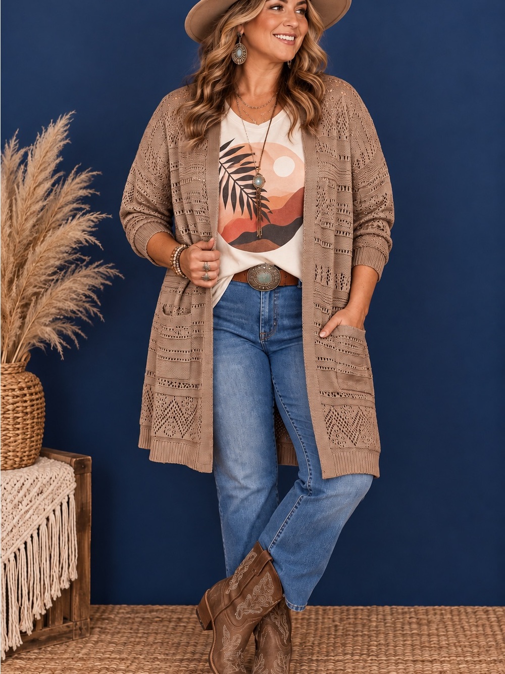Canyon Retreat Open Knit Cardigan Tan Brown Boho Medium